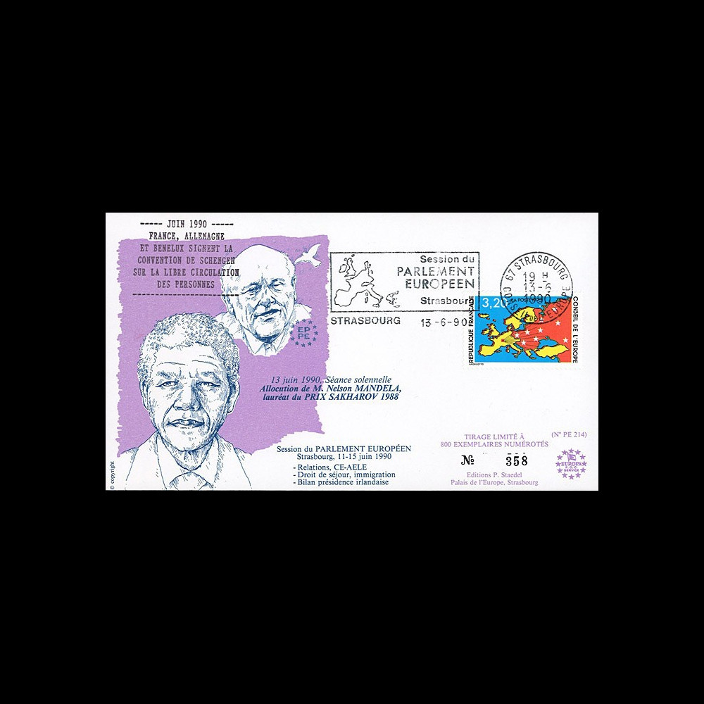 PE214T2 : 06-1990- FDC Parlement européen "Visite Nelson MANDELA