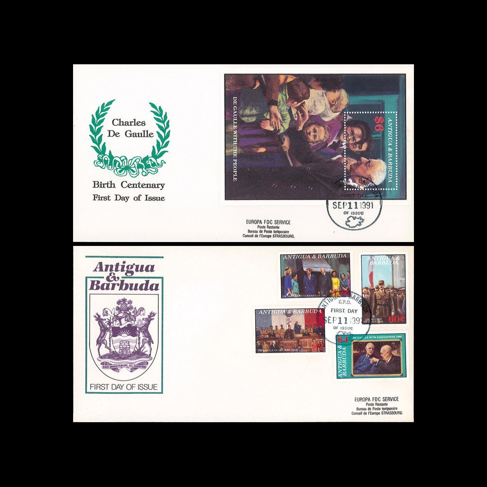 DG91-ANT1/2L : 1991 2 FDC Antigua & Barbuda (Antilles) "Centenaire naissance de Gaulle"