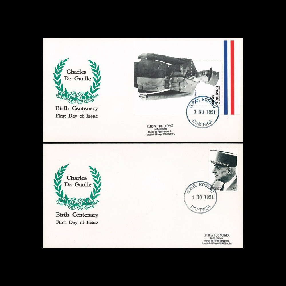 DG91-DOM1/2L : 1991 - 2 FDC Commonwealth de Dominique "Centenaire naiss. de Gaulle"