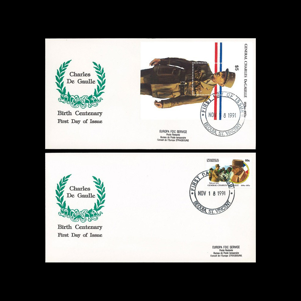 DG91-GRN1/2L : 1991 - 2 FDC Grenadines (St. Vincent) "Centenaire naiss. de Gaulle" DG91-GRN1/2L : 1991 - 2 FDC Grenadines (St. Vincent) "Centenaire naiss. de Gaulle"