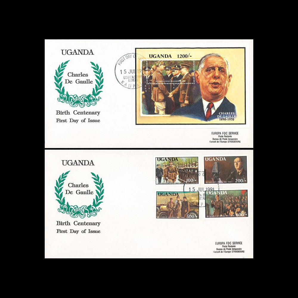 DG91-UG1/2L : 1991 - 2 FDC Rép. d’Ouganda (Afrique) "Centenaire naissance de Gaulle"