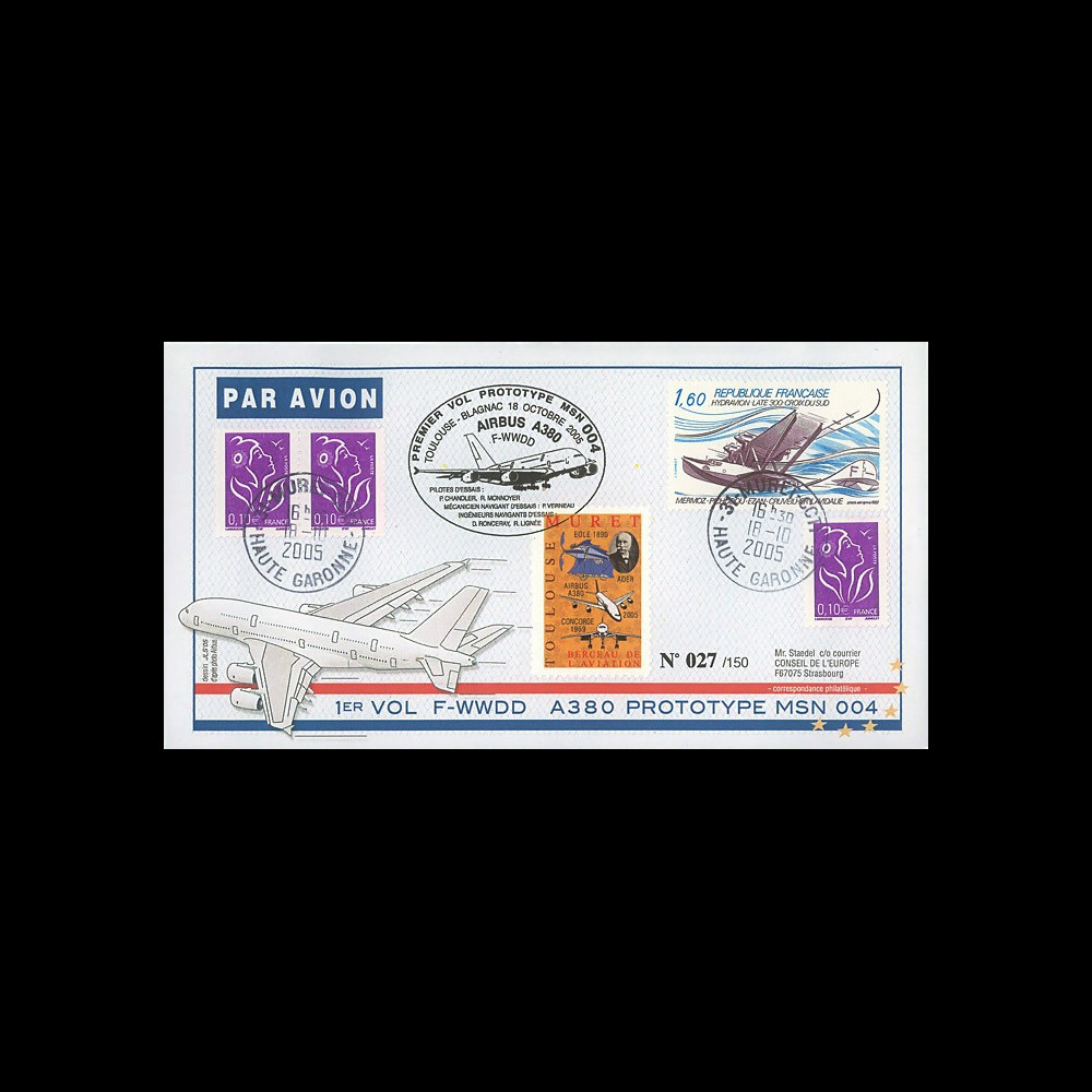 A380-12T3 : 2005 - Pli France "1er vol du prototype MSN 004 de l'A380" - TP Hydravion