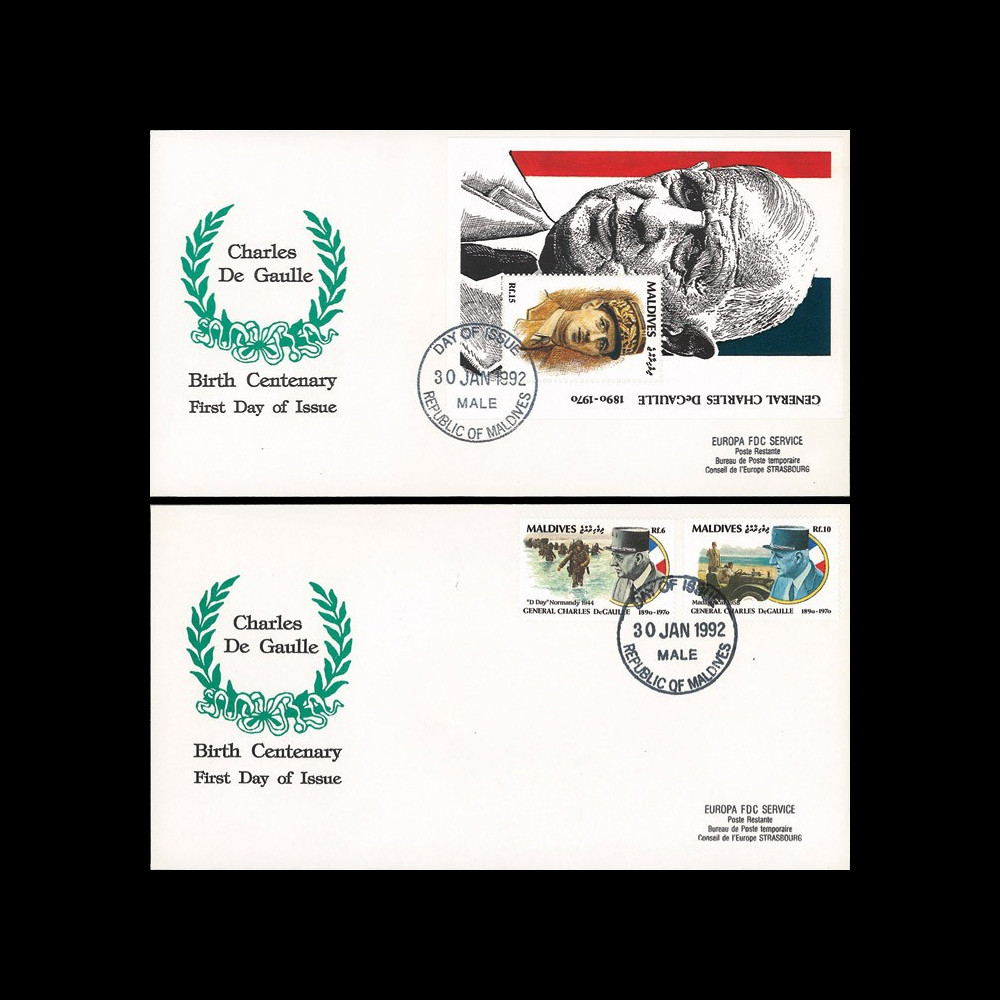 DG92-MAL1/2L : 1992 - 2 FDC Maldives (Asie du Sud) "Centenaire naissance de Gaulle"