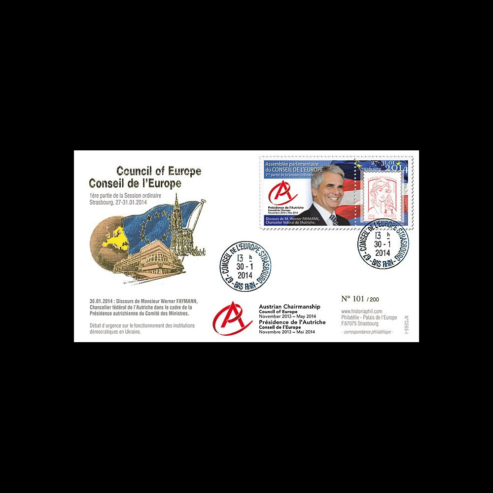 CE65-I : 01-2014 - FDC Conseil Europe "Présidence autrichienne - Chancelier W. Faymann"