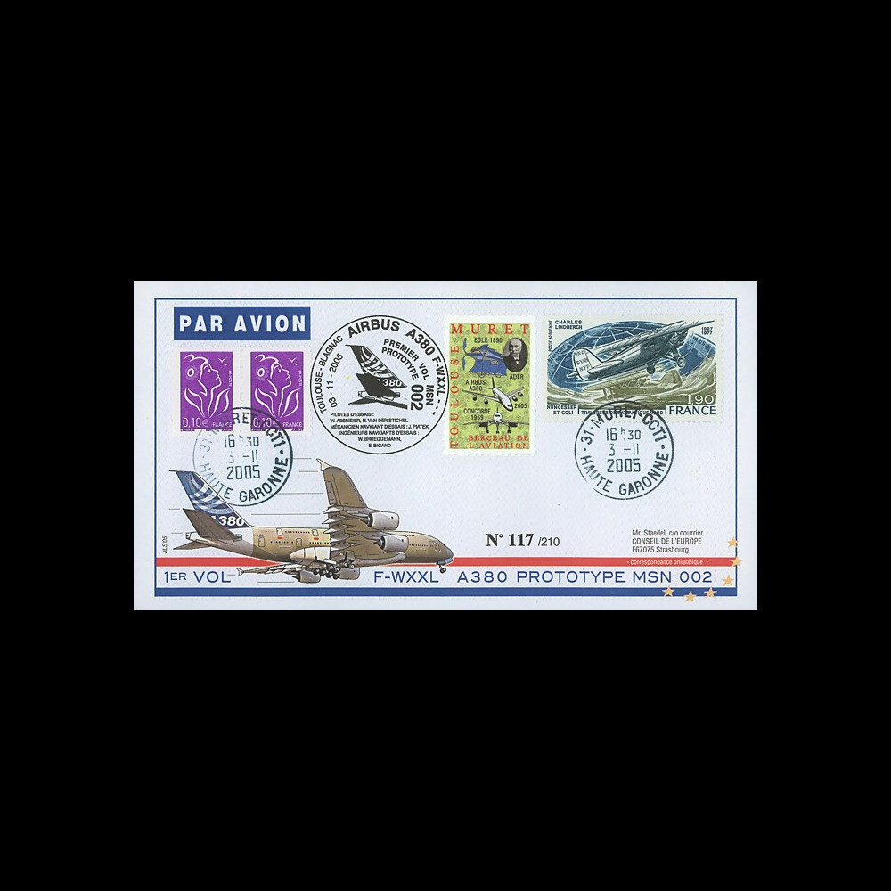 A380-14T2 : 2005 - Pli France "1er vol du prototype MSN 002 de l'A380" - TP Lindbergh
