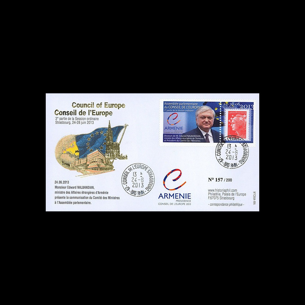CE64-IIIA : 06-2013 - FDC Conseil de l'Europe "Présidence de l'Arménie - NALBANDIAN"