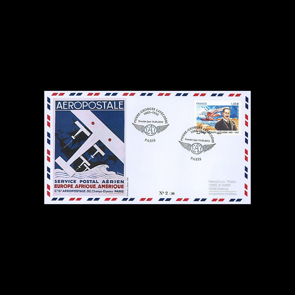 LATE13-1 : 2013 - FDC "AEROPOSTALE - Hydravion LATECOERE Laté 28 / Europe-Afrique-Amérique"