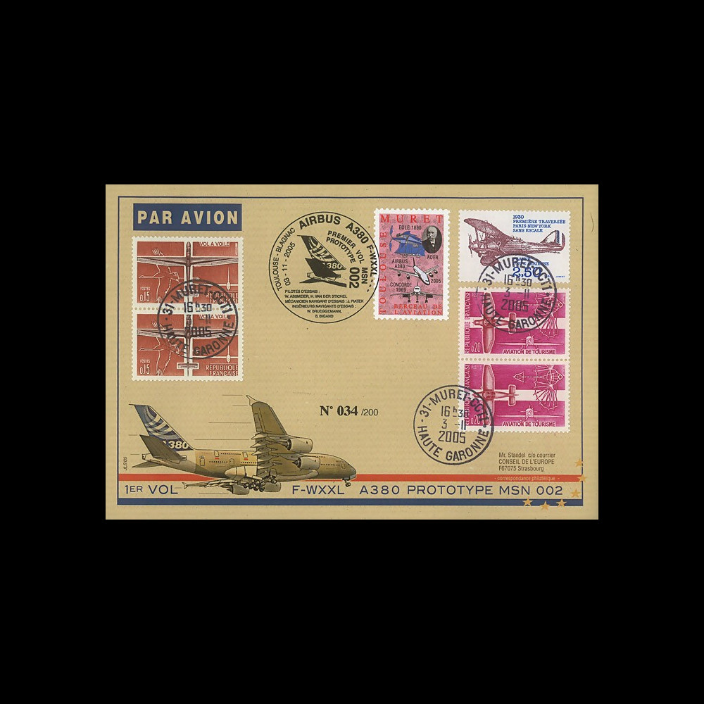 A380-14T3 : 2005 - Pli France "1er vol du prototype MSN 002 A380" -  TP Traversée Paris-NY