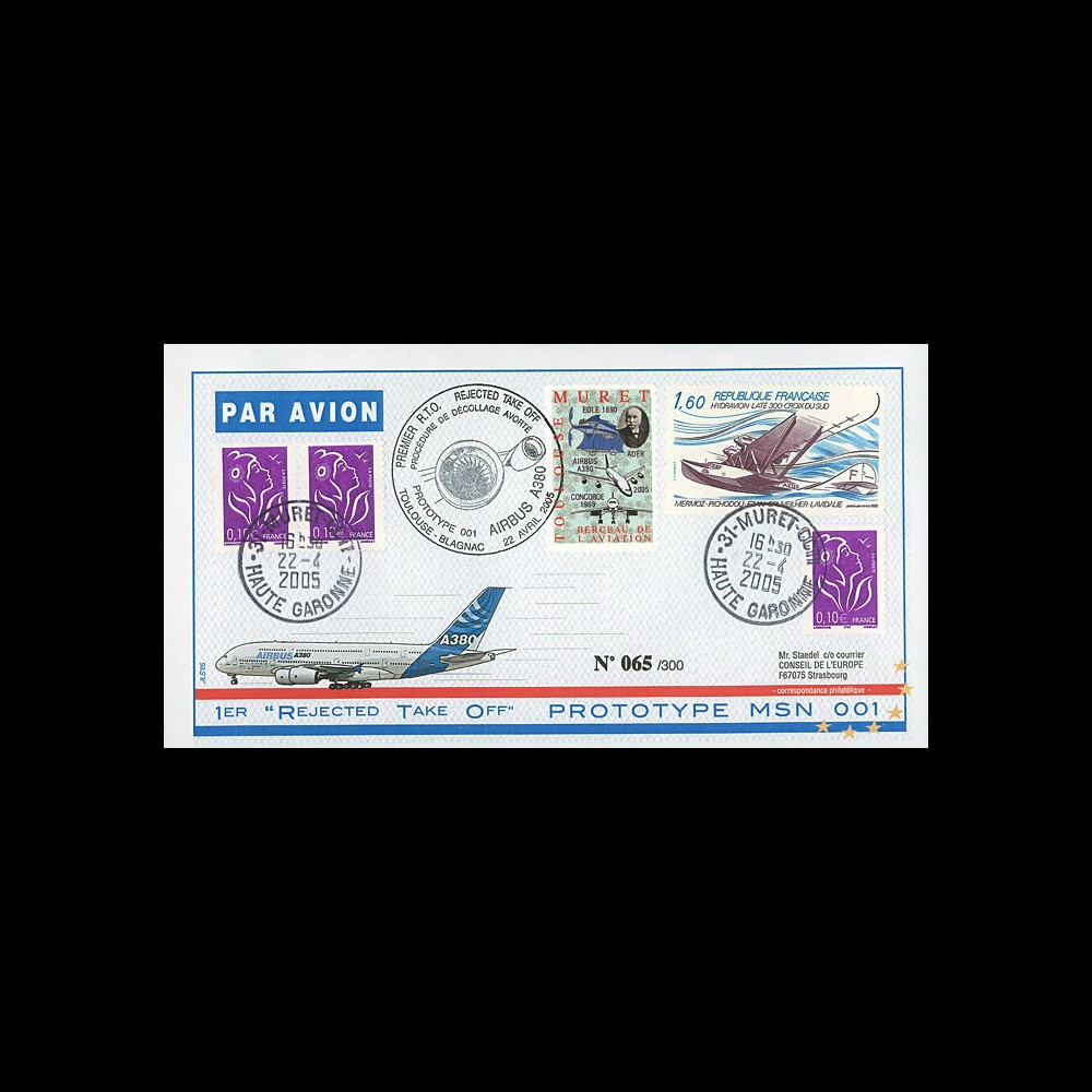 A380-3T2 : 2005 - Pli France "1er RTO du prototype 001 de l'Airbus A380"