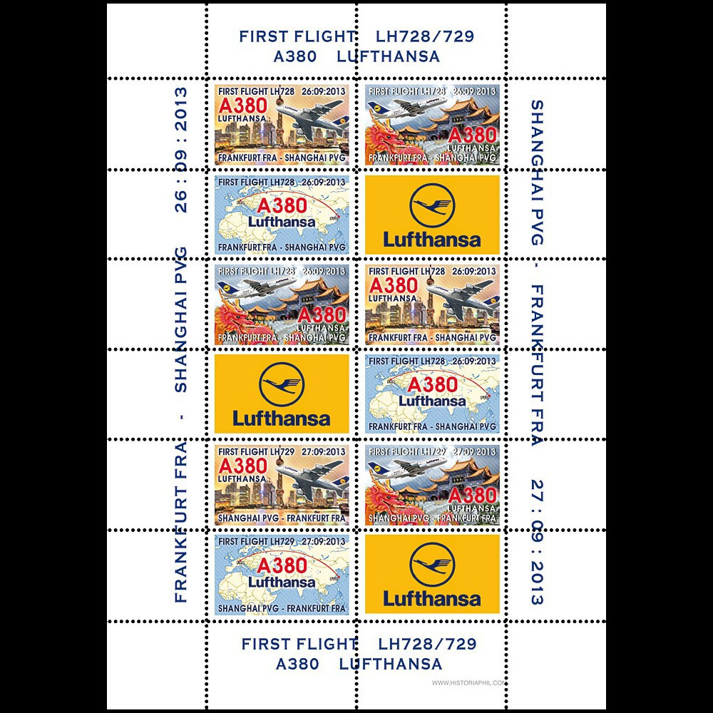 A380-232FD : 2013 - Feuillet de vignettes A380 Lufthansa "1er vol Francfort - Shanghai"
