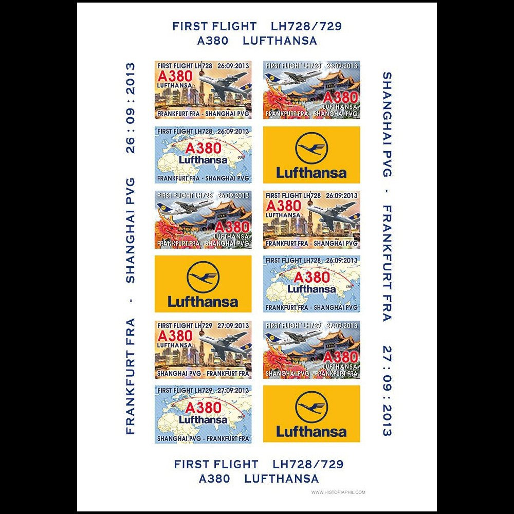 A380-232FND : 2013 - Feuillet de vignettes A380 Lufthansa "1er vol Francfort - Shanghai"