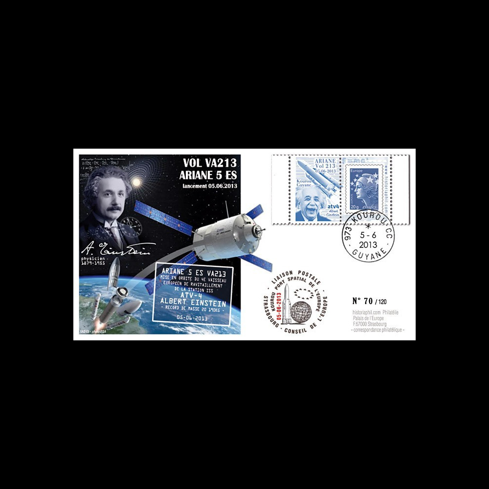 VA213L-T1 : 2013 - FDC Kourou ARIANE 5 "Vol 213 - cargo spatial ATV 4 Albert Einstein"