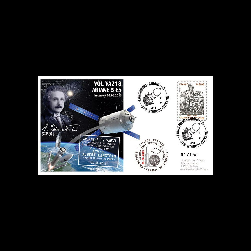 VA213L-T2 : 2013 - FDC Kourou ARIANE 5 "Vol 213 - cargo spatial ATV 4 Albert Einstein" VA213L-T2 : 2013 - FDC Kourou ARIANE 5 "Vol 213 - cargo spatial ATV 4 Albert Einstein"