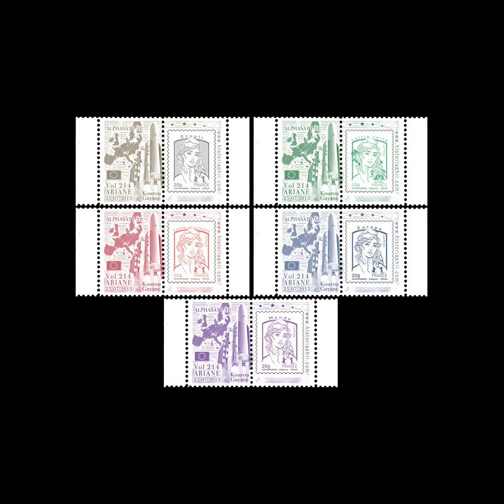 VA214L-PT1/4 : 2013 - 4 Marianne sur porte-timbres "Vol 214 Ariane - Alphasat I-XL"