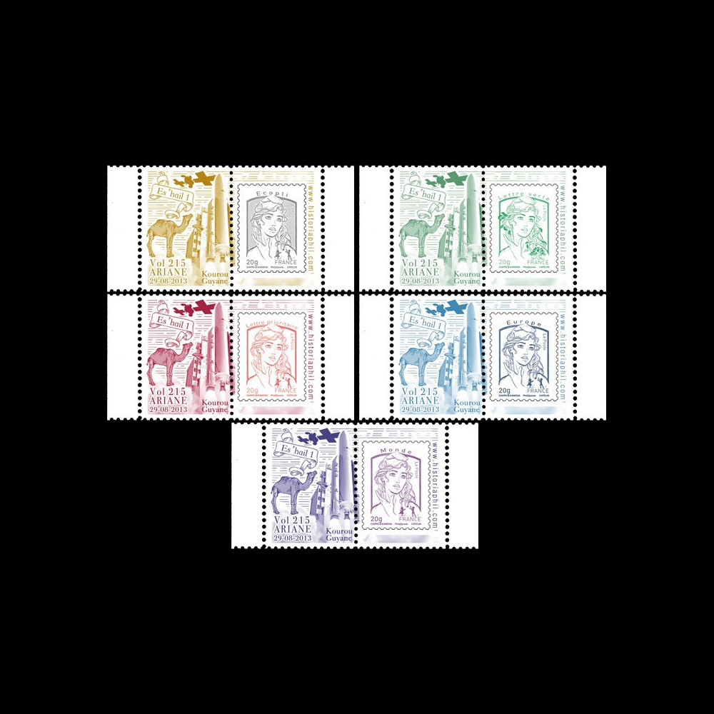 VA215L-PT1/5 : 2013 - 5 Marianne sur porte-timbres "Vol 215 Ariane - Es'Hail 1 (Qatar)"