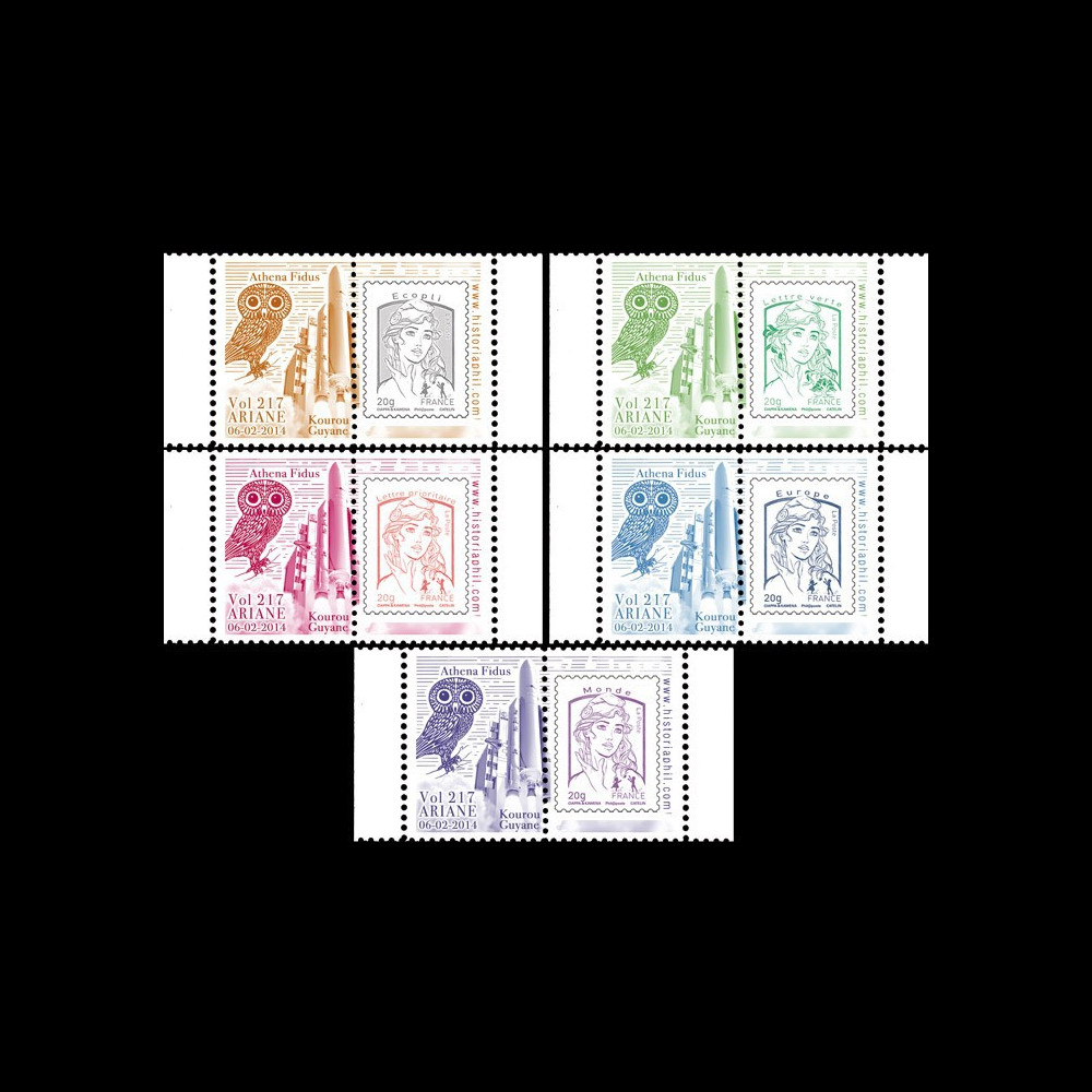 VA217L-PT1/5 : 2014 - 5 Marianne sur porte-timbres "Vol 217 Ariane - Athena Fidus"