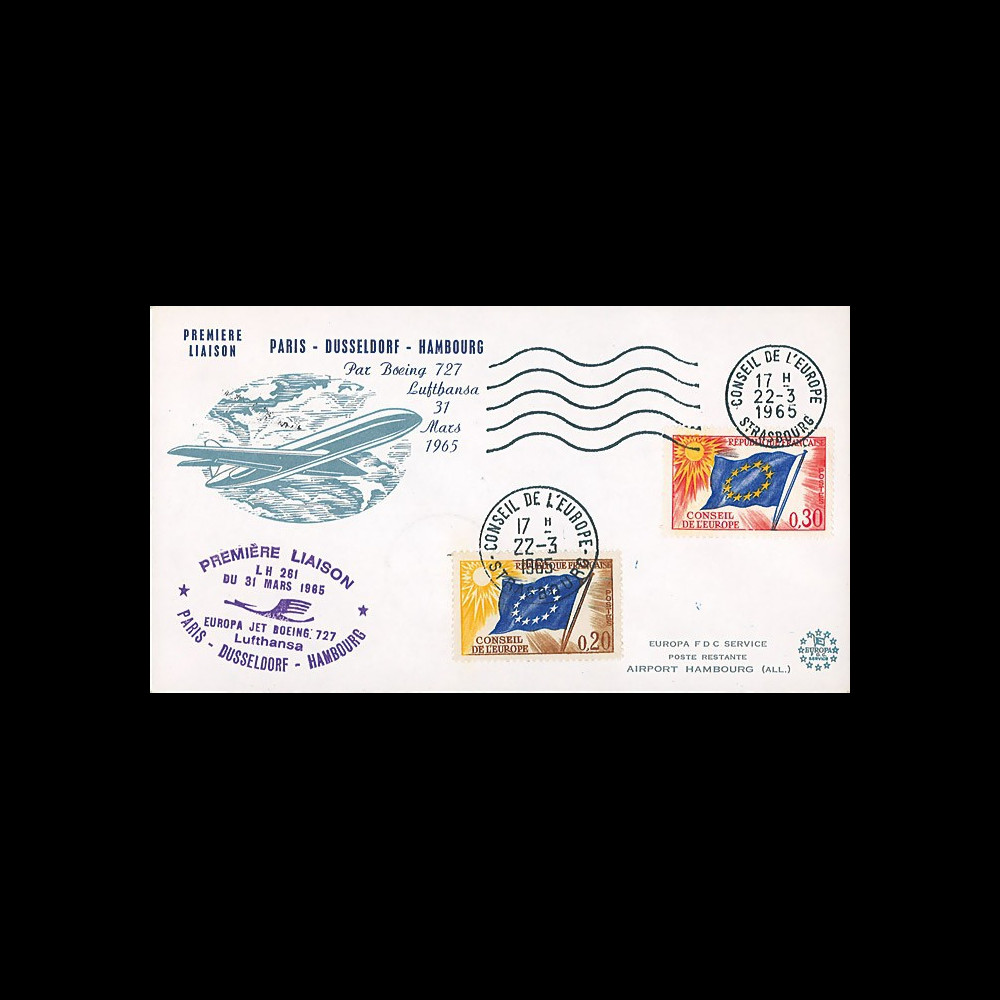 AE17 : 1965 FFC Conseil Europe "1ère liaison aér. Paris-Dusseldorf-Hambourg Lufthansa"