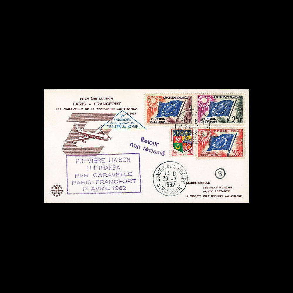 AE13 : 1962 - FFC Conseil Europe "Lufthansa 1ère liaison aér. Paris-Francfort par Caravelle"