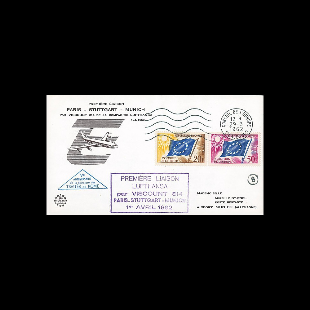 AE14 : 1962 - FFC Conseil Europe "Lufthansa 1ère liaison aérienne Paris-Stuttgart-Munich"