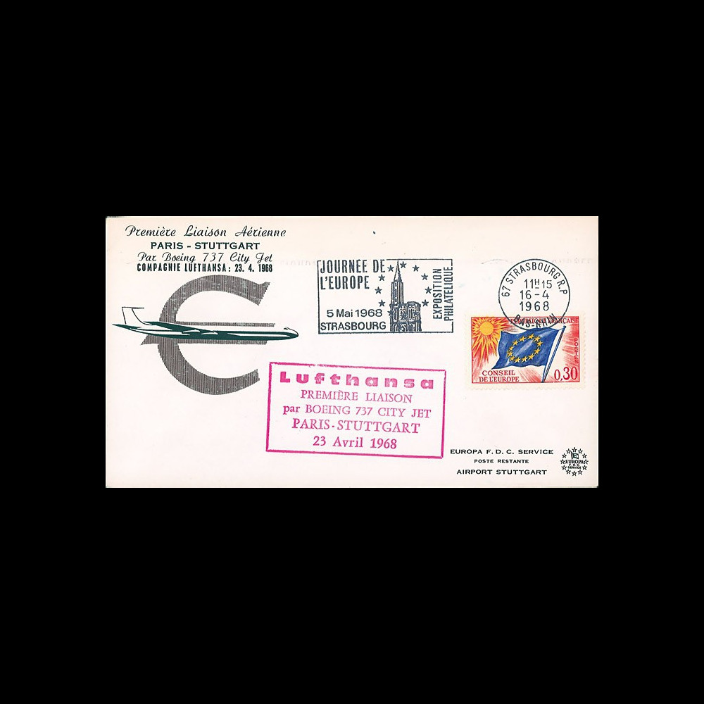 AE22 : 1968 FFC Conseil Europe "Lufthansa 1ère liaison aér. Paris-Stuttgart par Boeing 737"