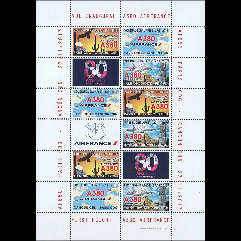 A380-234FD : 2013 - Feuillet 12 vignettes "Airbus A380 Air France - 1er vol Paris-Cancún"