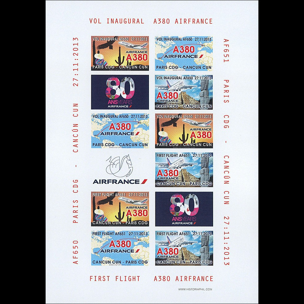 A380-234FND : 2013 - Feuillet 12 vignettes ND "Airbus A380 Air France - 1er vol Paris-Cancún"