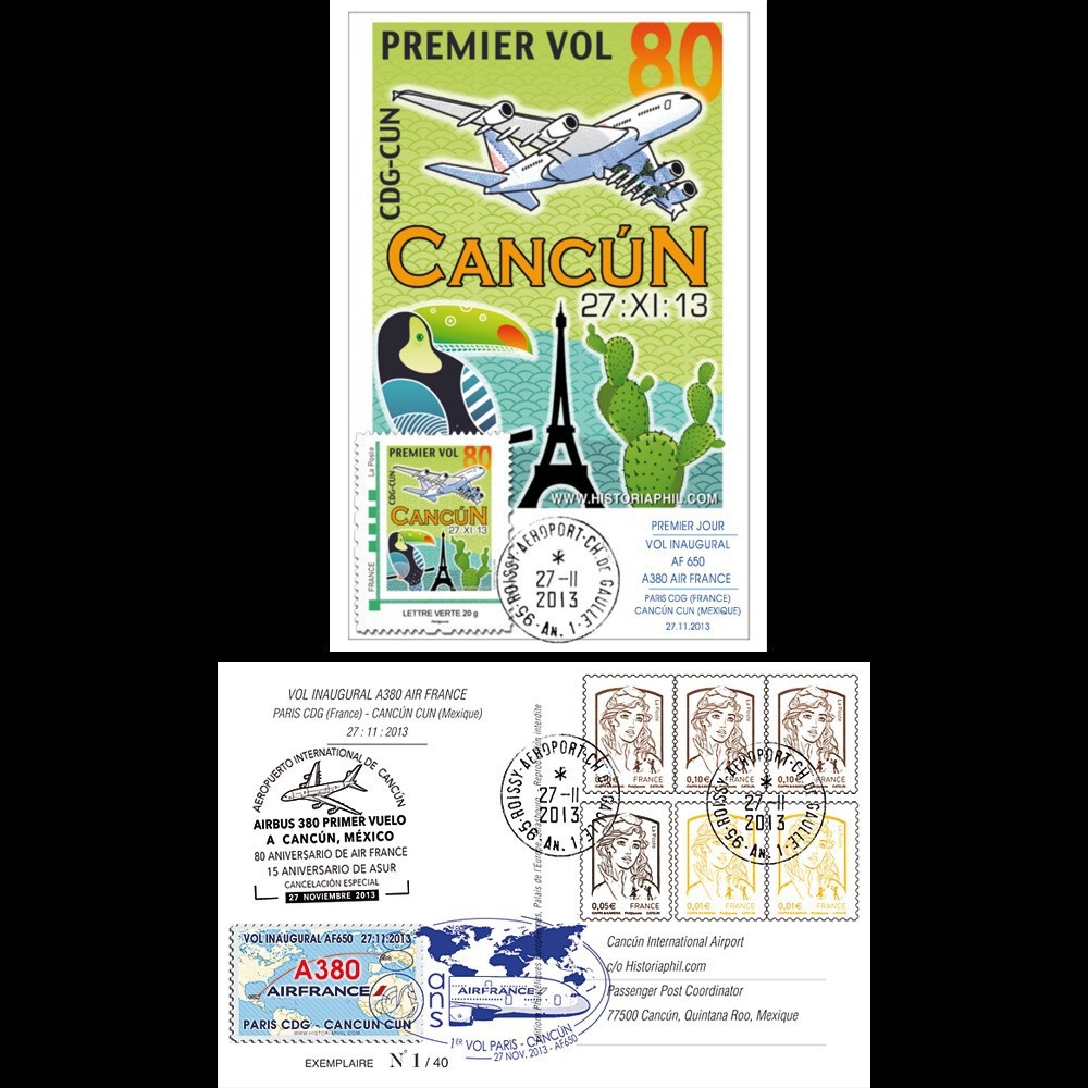 A380-234 : 2013 - Carte Maximum "Airbus A380 Air France - 1er vol AF650 Paris-Cancún"