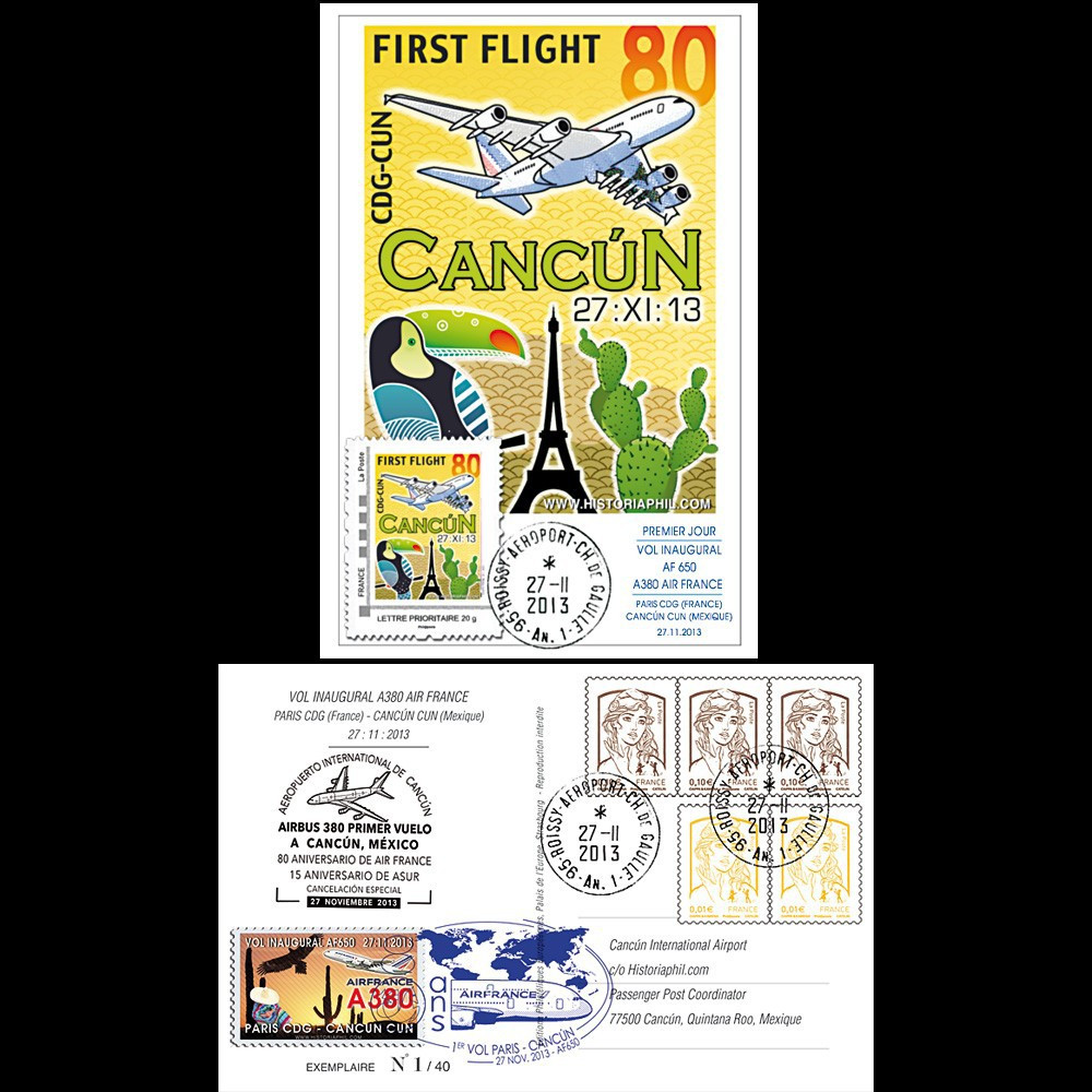 A380-235 : 2013 - Carte Maximum "Airbus A380 Air France - 1er vol AF650 Paris-Cancún"