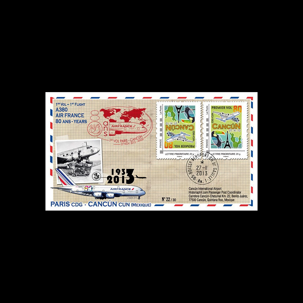 A380-234V : 2013 - FFC FRANCE "A380 Air France 1er vol Paris-Cancún" variété tête-bêche