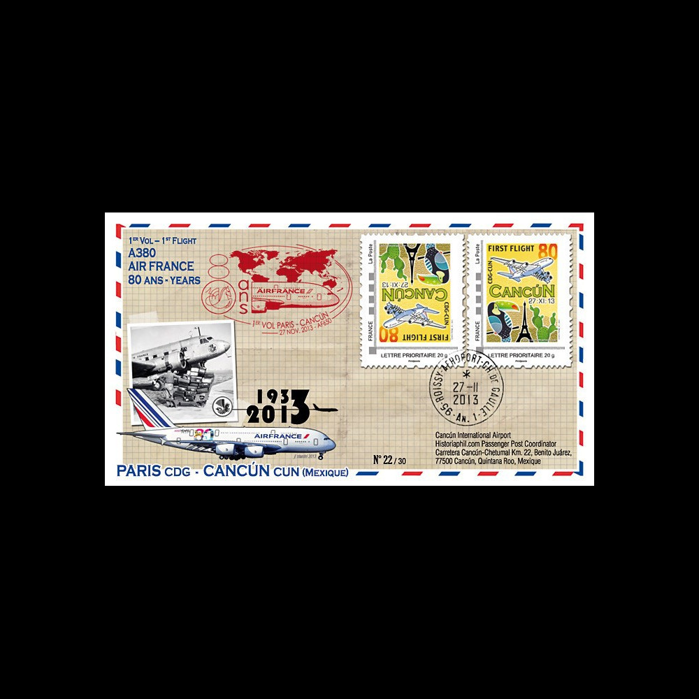 A380-235V : 2013 - FFC FRANCE "A380 Air France 1er vol Paris-Cancún" variété tête-bêche