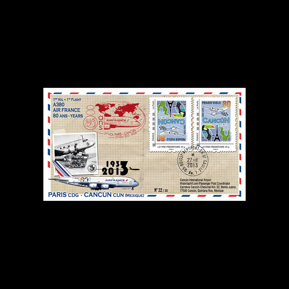 A380-236V : 2013 - FFC FRANCE "A380 Air France 1er vol Paris-Cancún" variété tête-bêche