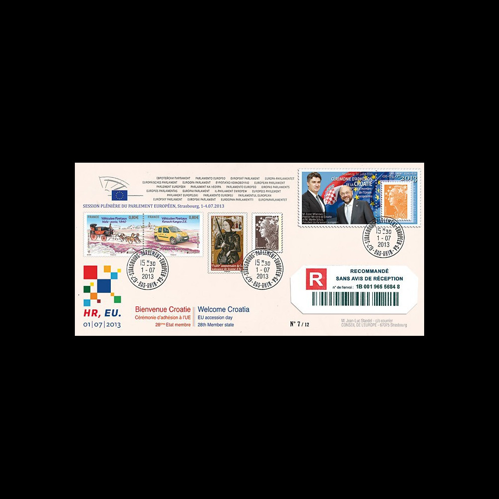 PE649a : 2013 - FDC RECO Parlement eur. "Adhésion de la Croatie à l'UE - M. MILANOVIC"
