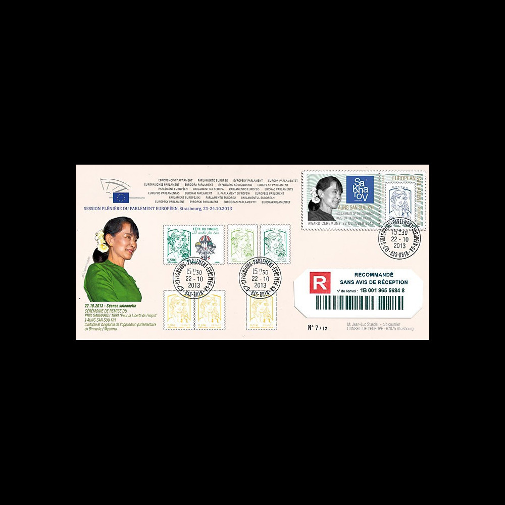 PE652a : 2013 - FDC Reco Parlement eur. "Prix SAKHAROV - AUNG SAN SUU KYI