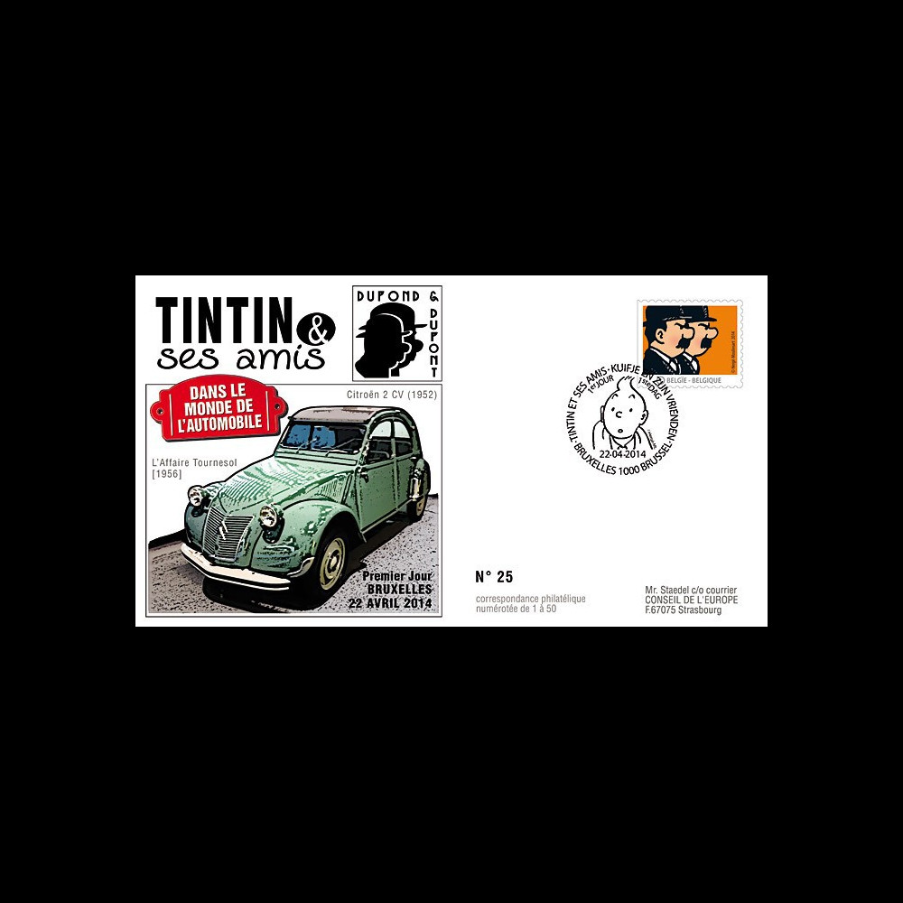 TIN14-2 : 2014 - Belgique FDC 1er Jour Tintin & Dupondt / Citroën 2 CV / Affaire Tournesol