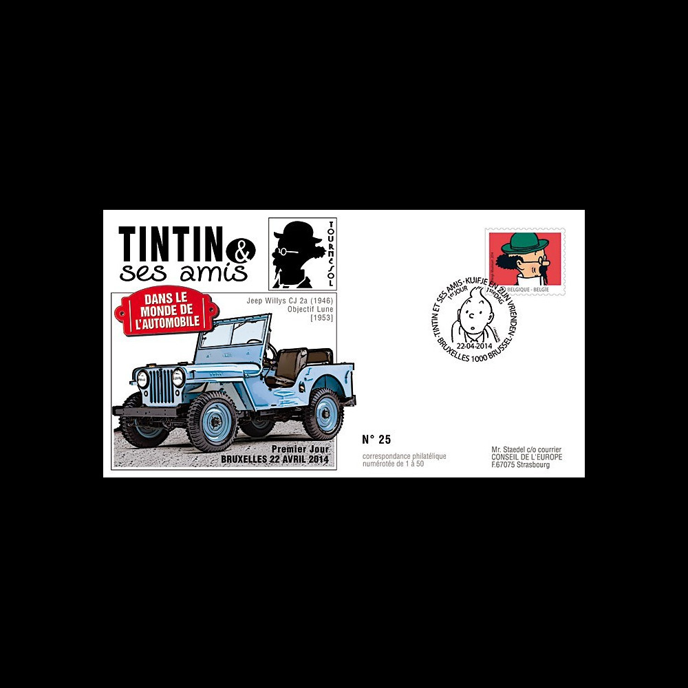 TIN14-3 : 2014 - Belgique FDC 1er Jour "Tintin & Tournesol / Jeep Willys / Objectif Lune"