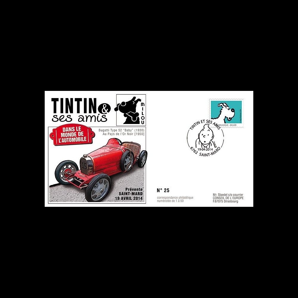 TIN14-7 : 2014 - Belgique FDC 1er Jour "Tintin & Milou / Bugatti / Au Pays de l'Or Noir"