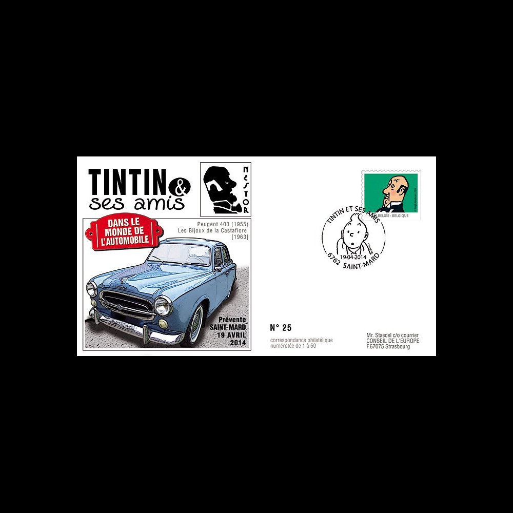 TIN14-10 : 2014 - Belgique FDC 1er Jour Tintin & Nestor / Peugeot 403 / Bijoux Castafiore
