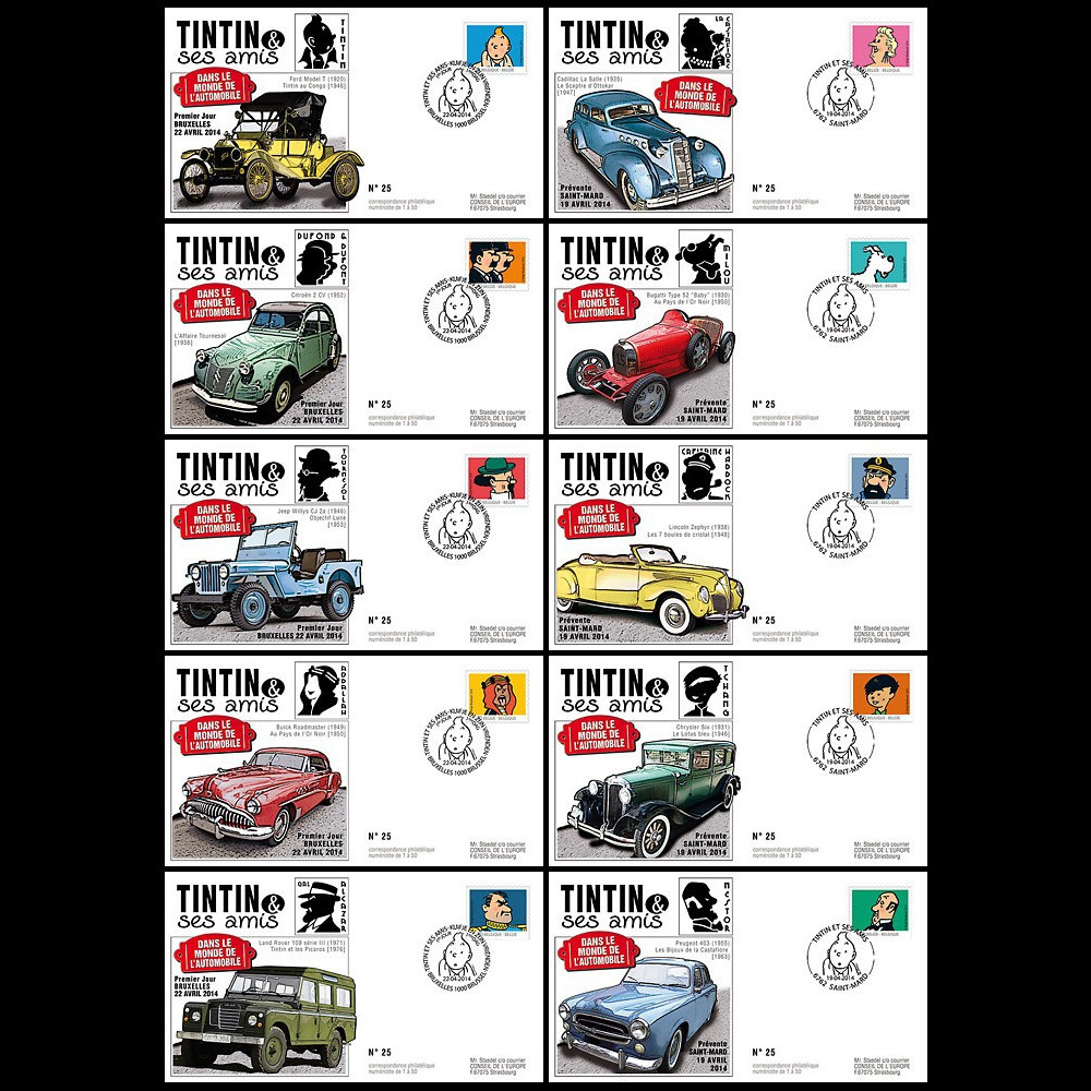 TIN14-1/10 : 2014 - Belgique série 10 FDC Tintin & ses amis dans le monde de l'automobile TIN14-1/10 : 2014 - Belgique série 10 FDC Tintin & ses amis dans le monde de l'automobile