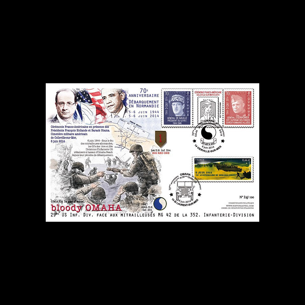 DEB14-04 : 2014 : Maxi FDC "70 ans D-DAY / OMAHA : La Sanglante / HOLLANDE & OBAMA"