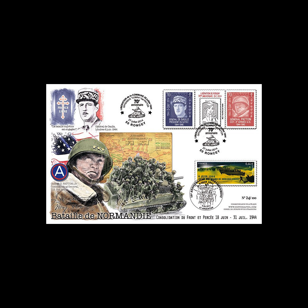 DEB14-06 : 2014 : Maxi FDC "70 ans D-DAY - Opération COBRA / DE GAULLE & PATTON"