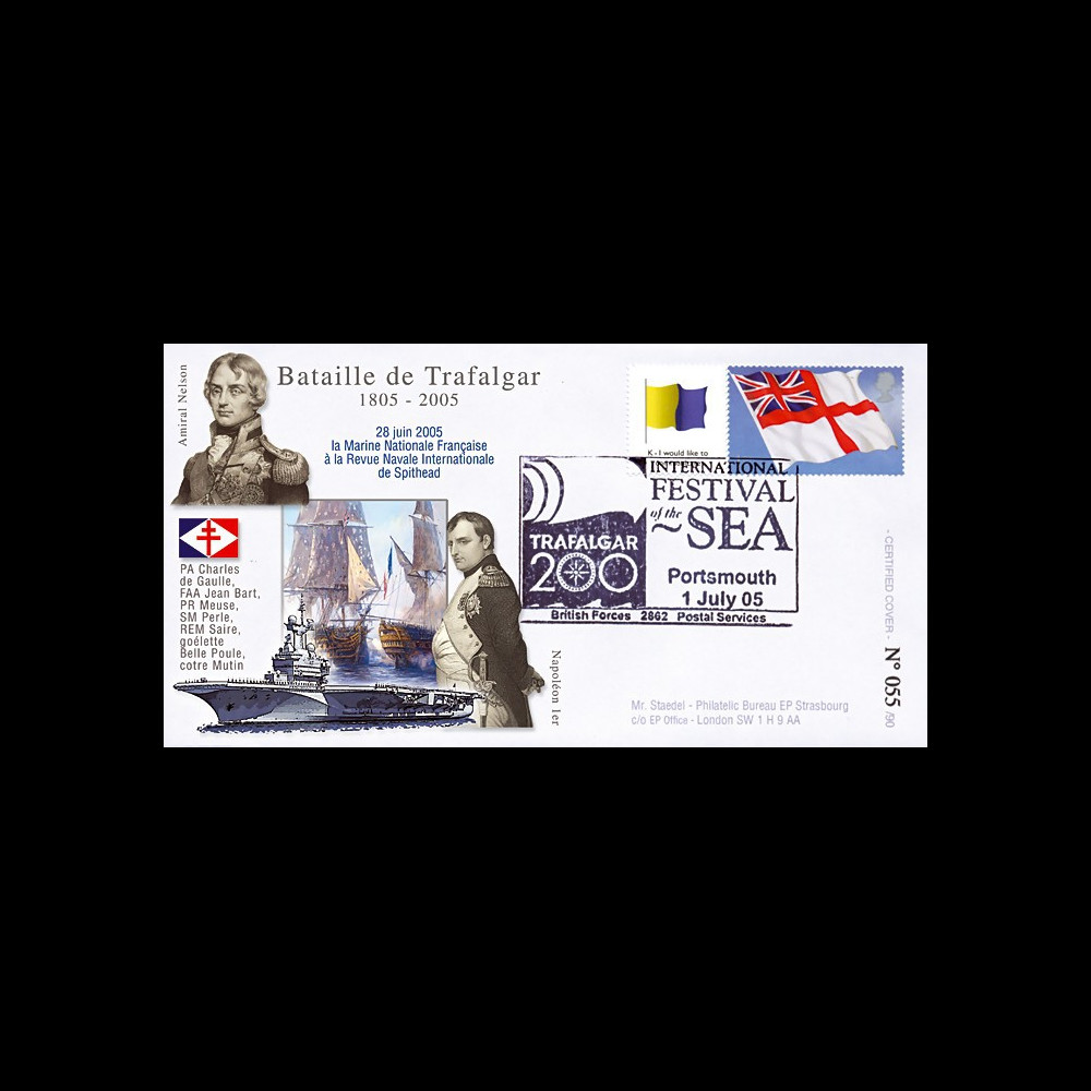 TRA05-3 : 2005 - FDC "200 ans Bataille de Trafalgar" - oblit. Poste aux Armées type3