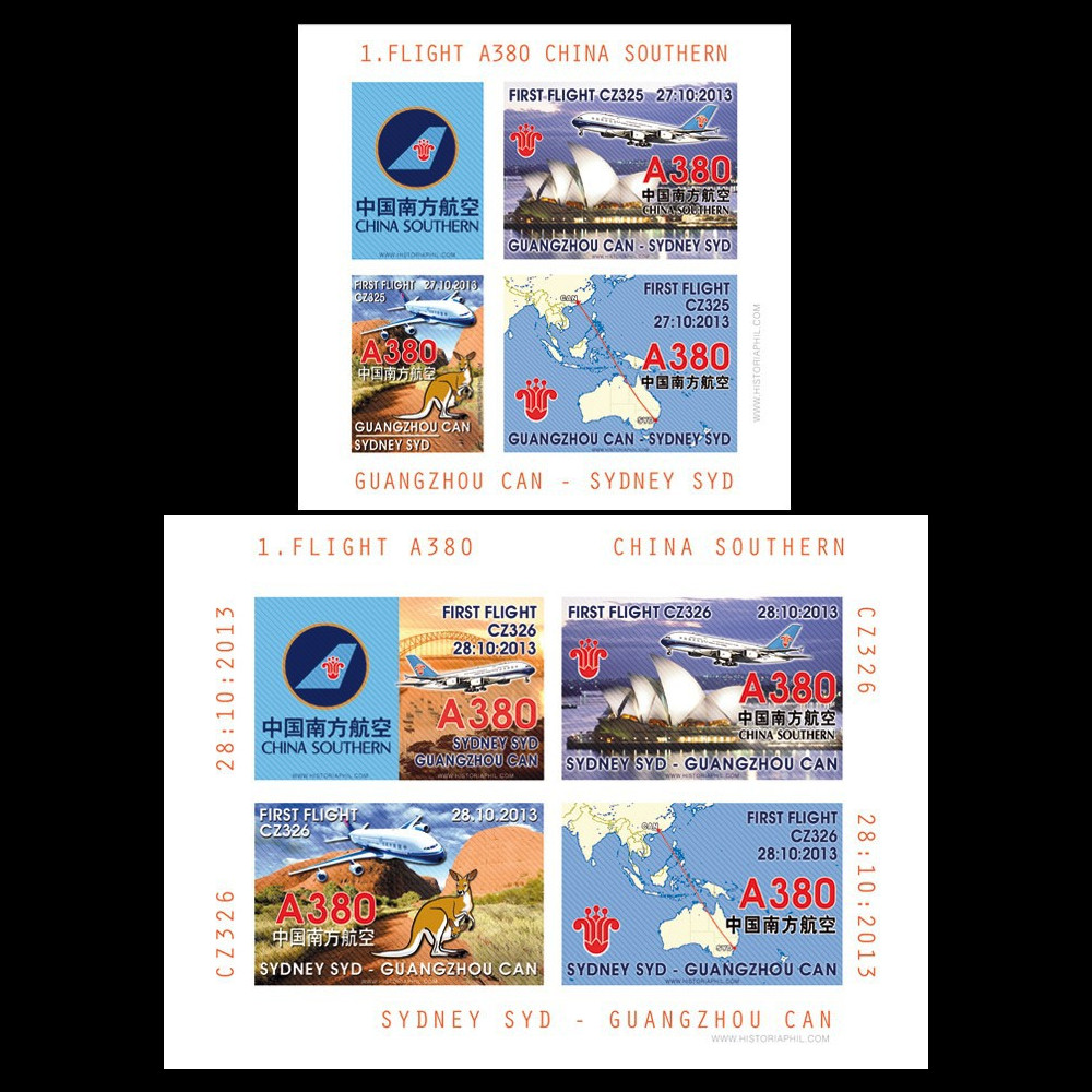 A380-242/243BND : 2 blocs de vignettes “1er vol A380 China Southern Guandzhou-Sydney"