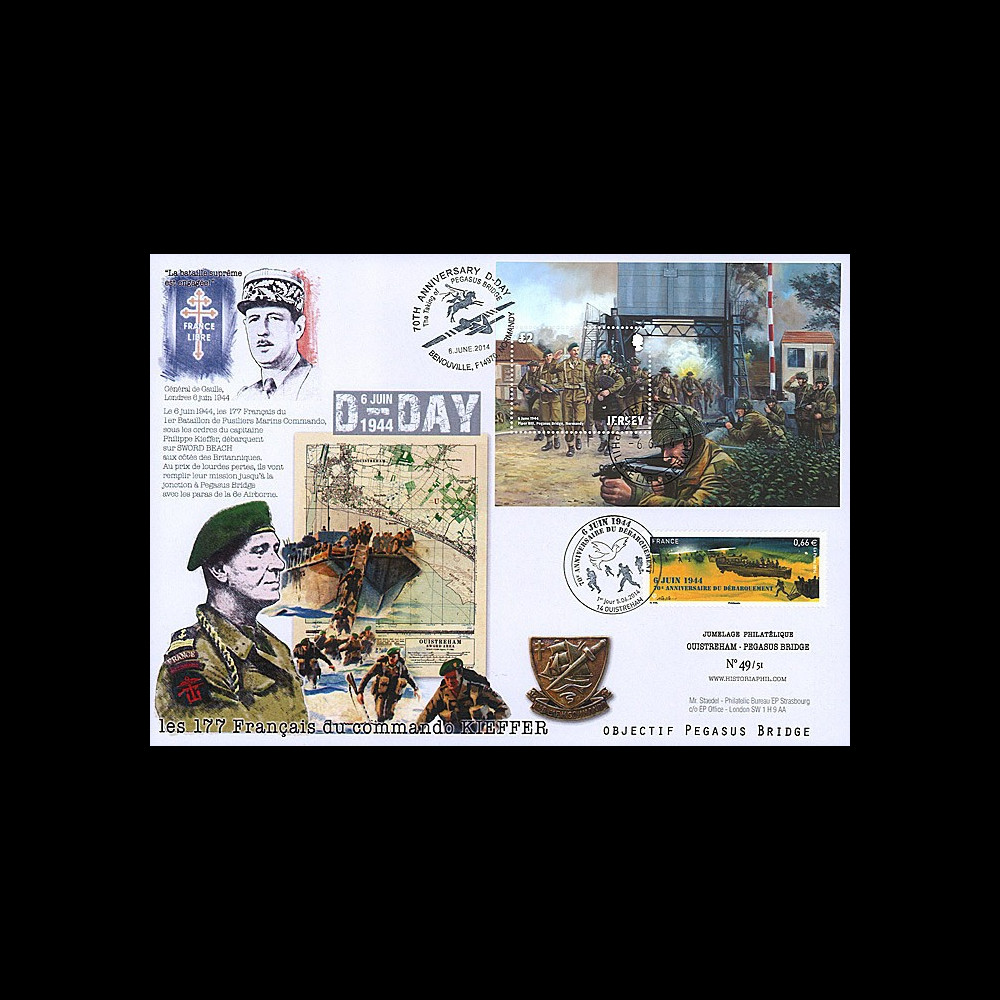 DEB14-12 : 2014 - Maxi FDC FRANCE - JERSEY "70 ans D-DAY / Commando KIEFFER - SWORD BEACH"