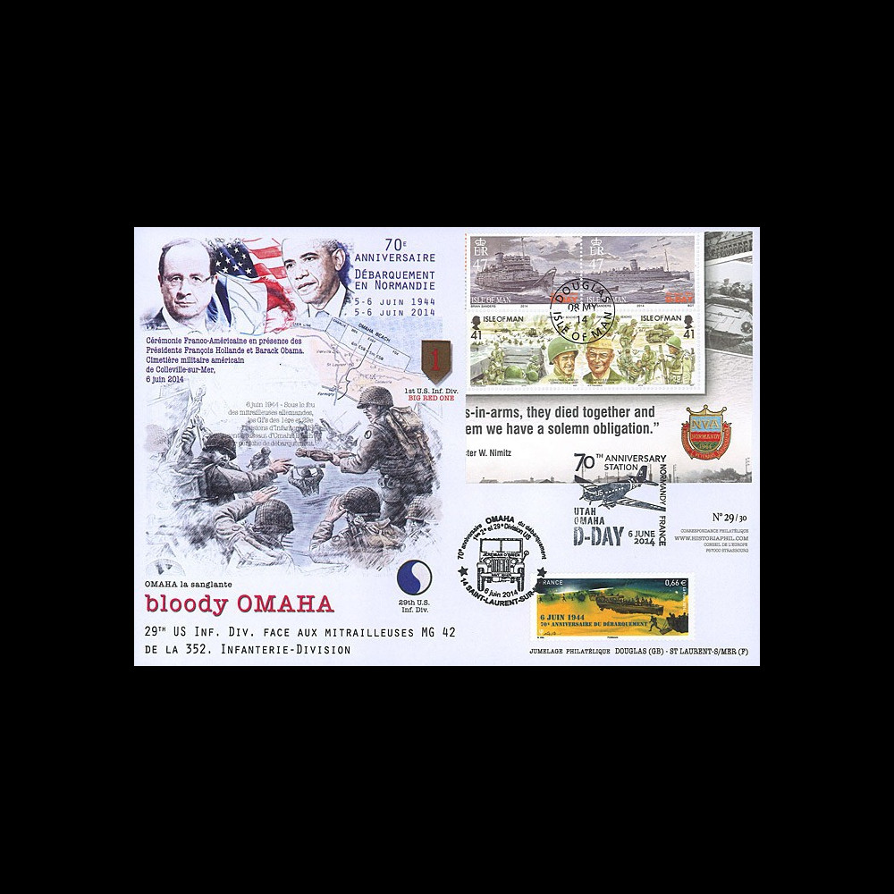 DEB14-14 : 2014 - Maxi FDC FRANCE - ILE DE MAN "70 ans D-DAY : HOLLANDE & OBAMA"