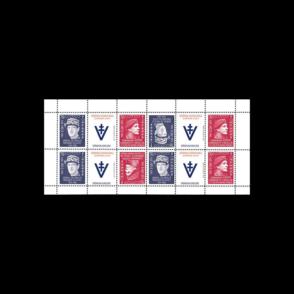 DEB14-13FD : 2014 - Feuillet 12 vignettes "70 ans D-DAY : DE GAULLE & KIEFFER / WWII"