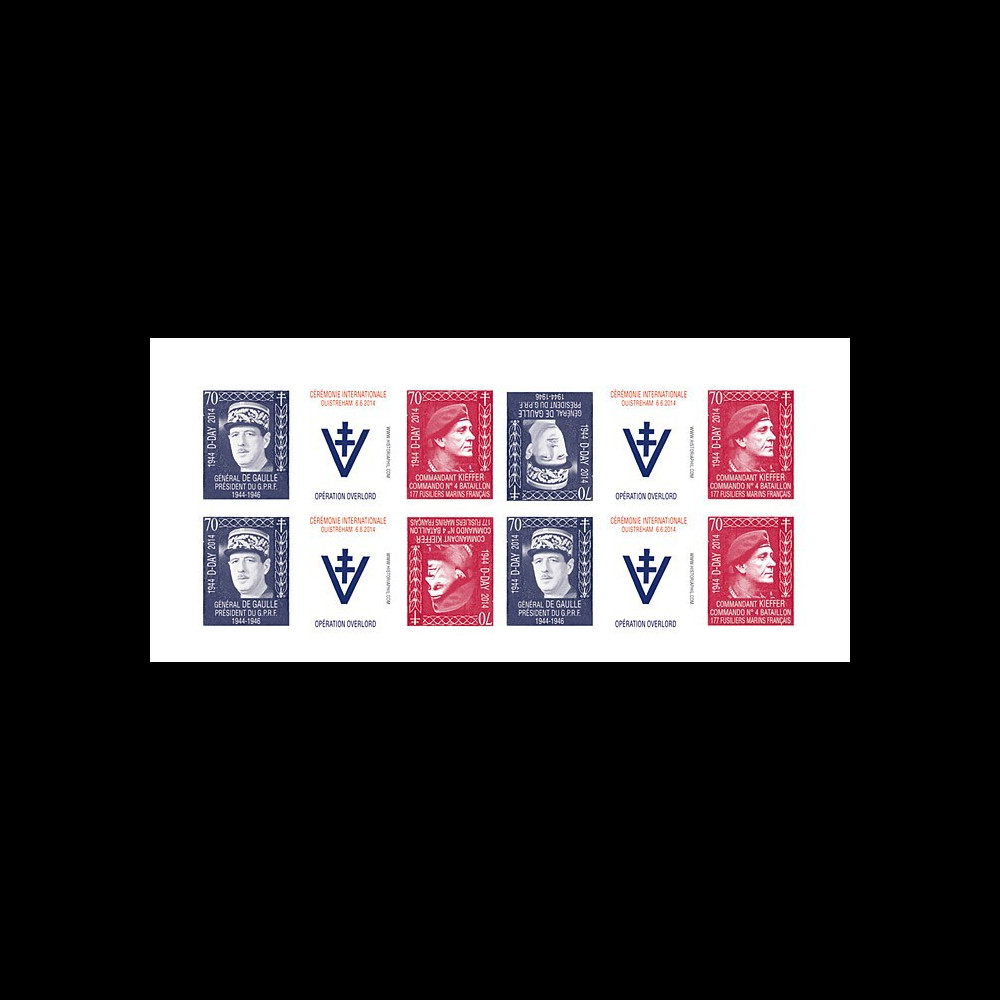 DEB14-13FND : 2014 - Feuillet 12 vignettes ND "70 ans D-DAY : DE GAULLE & KIEFFER / WWII"