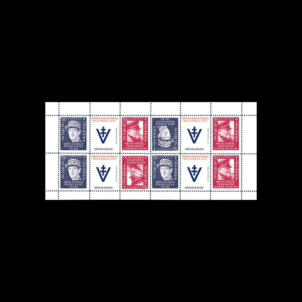 DEB14-20FD : 2014 - Feuillet 12 vignettes "70 ans D-DAY : DE GAULLE & CHURCHILL / WWII"