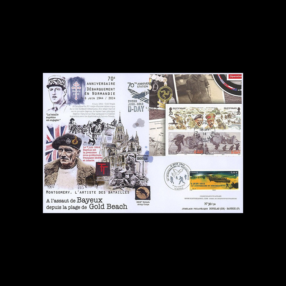 DEB14-24 : 2014 - Maxi FDC FRANCE - ILE DE MAN "70 ans D-DAY : Libération Bayeux / WWII"