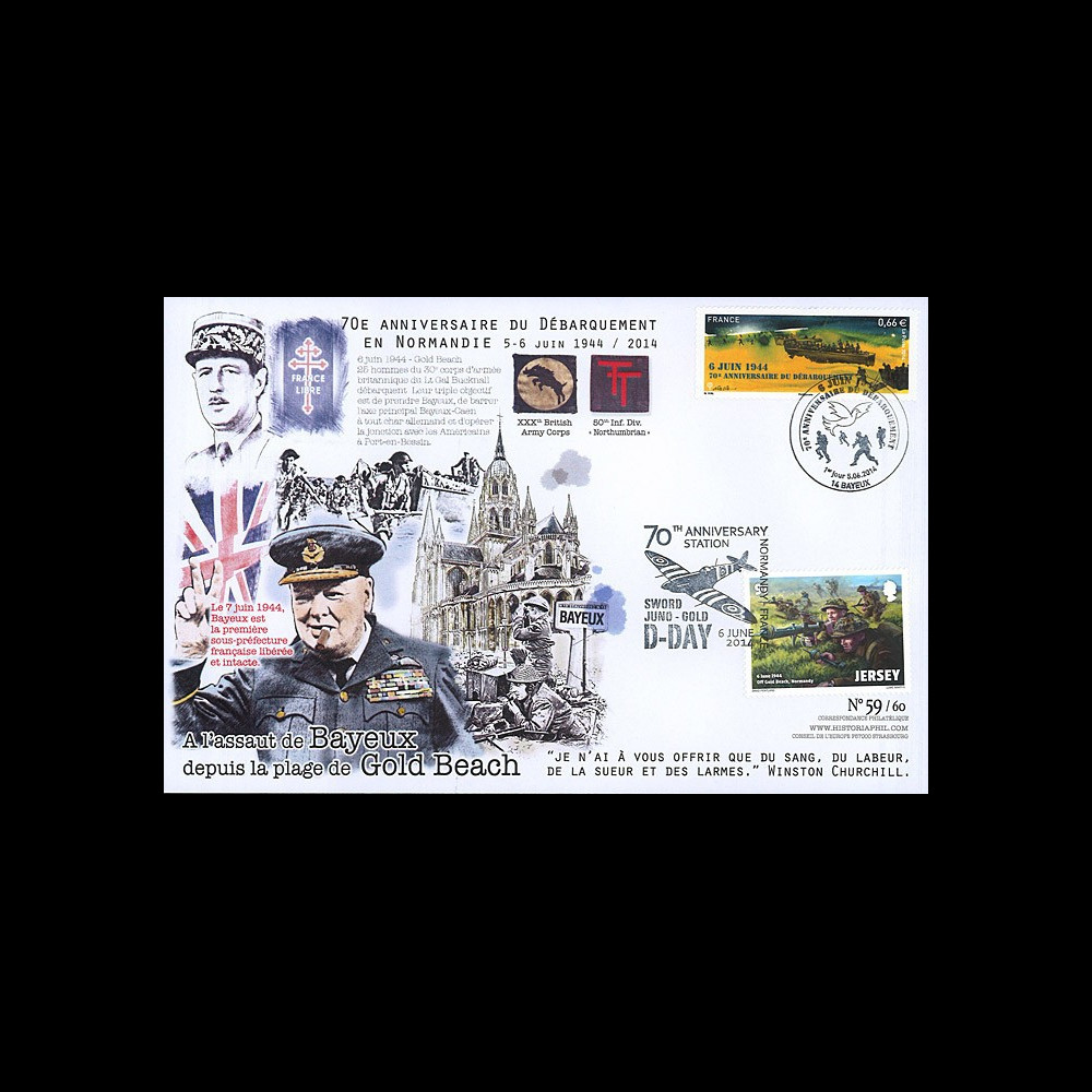 DEB14-25 : 2014 - Maxi FDC FRANCE - JERSEY "70 ans D-DAY / DE GAULLE & CHURCHILL