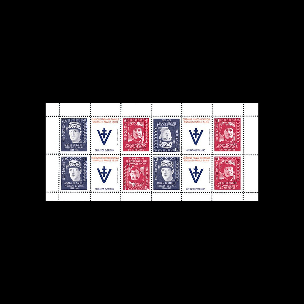 DEB14-22FD : 2014 - Feuillet 12 vignettes "70 ans D-DAY / DE GAULLE & Major HOWARD"